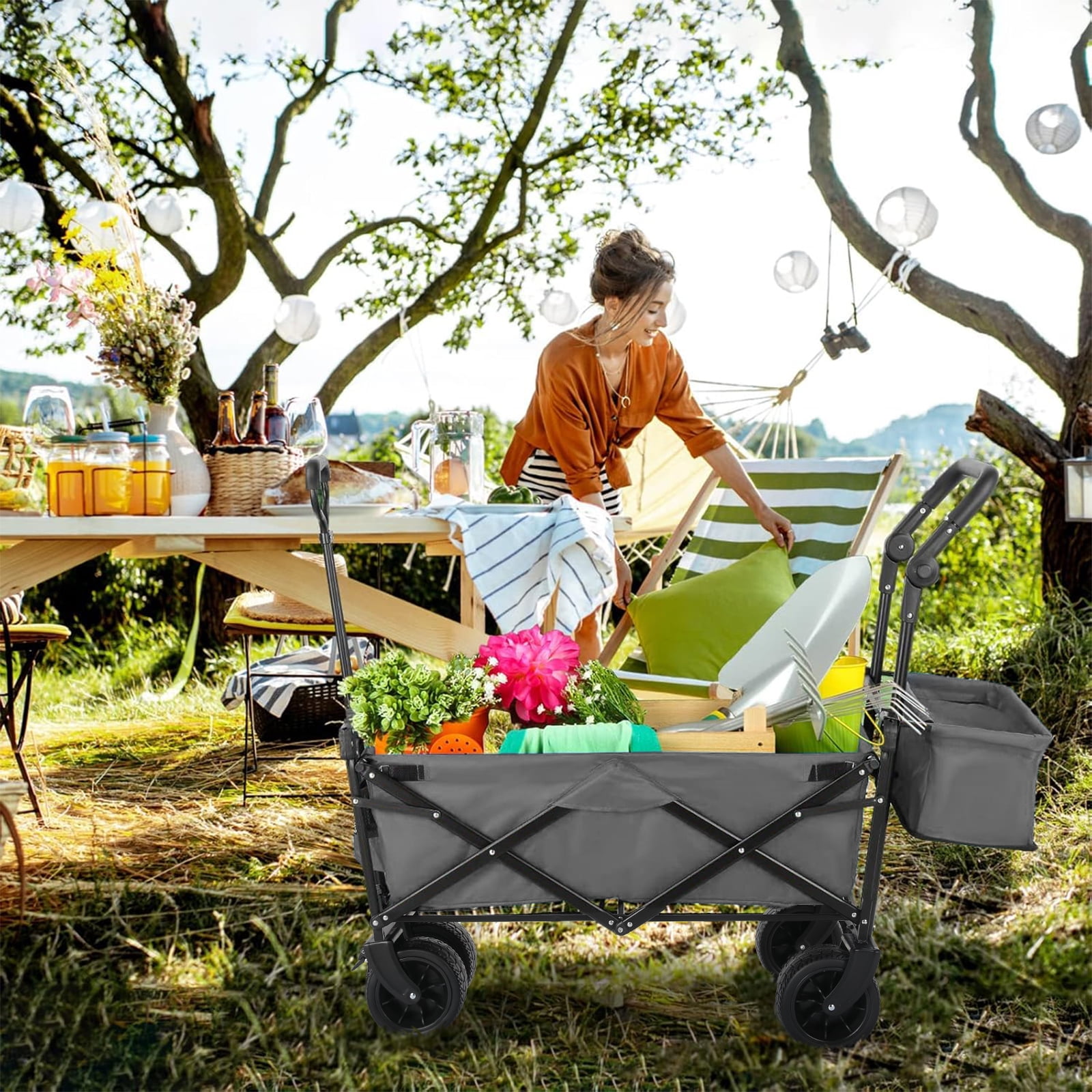 Pirecart Collapsible Wagon Cart, Outdoor Foldable Utility Beach Wagon with Removable Canopy, Cup Holder, Gray
