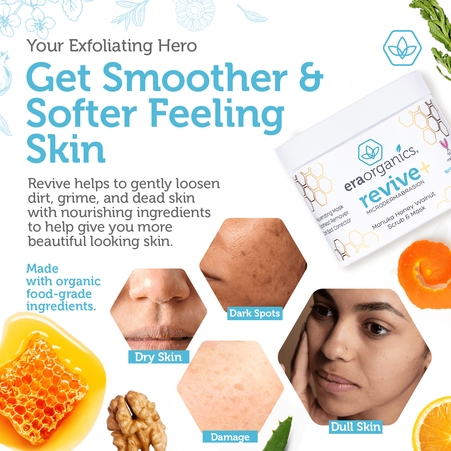 Era Organics Microdermabrasion Facial Scrub & Face Exfoliator - Spa Quality Exfoliating Face Mask with Manuka Honey & Walnut - Moisturizing Facial Exfoliant for Dry Skin, Blackheads, Wrinkles, Acne +