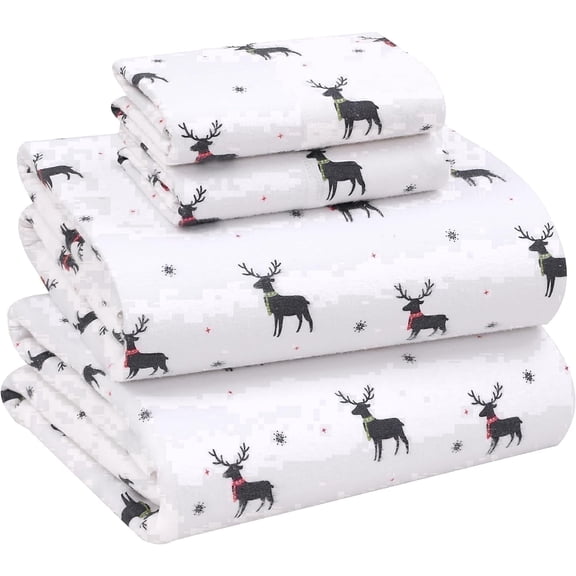 Ruvanti Flannel Sheets Queen Size - 100% Cotton Brushed Bed Sheet Sets - Deep Pockets 16 inches (Fits up to 18") - All Seasons Breathable & Super Soft - Warm & Cozy - 4 Pcs deer
