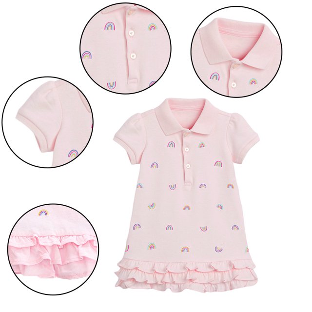 KYAIGUO Robe d'Été en Coton pour Bébé Fille 2-8 Ans Robe à Manches Courtes Boutonnée Col Décontracté Imprimés Arc-en-Ciel Jupe Princesse