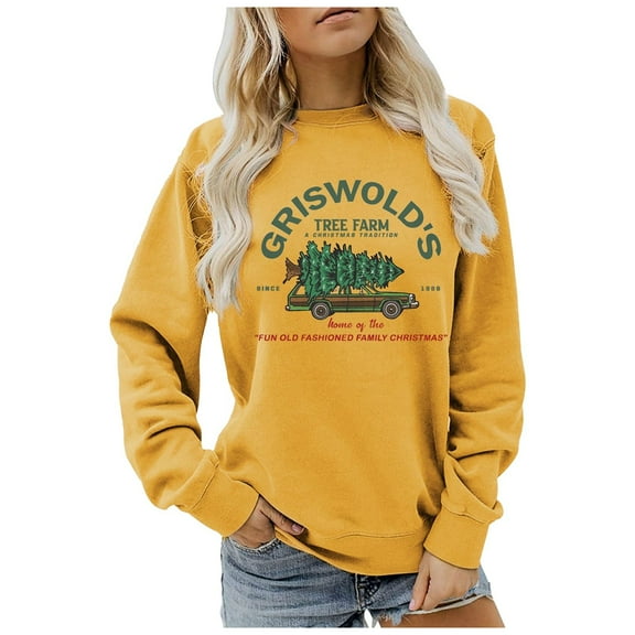 Arlun Griswold's Tree Farm Since 1989 Sweatshirts for Women a Funny Old Fashioned Family Christmas Graphic Pullovers Loose Crewneck Long Sleeve Tops Yellow XL