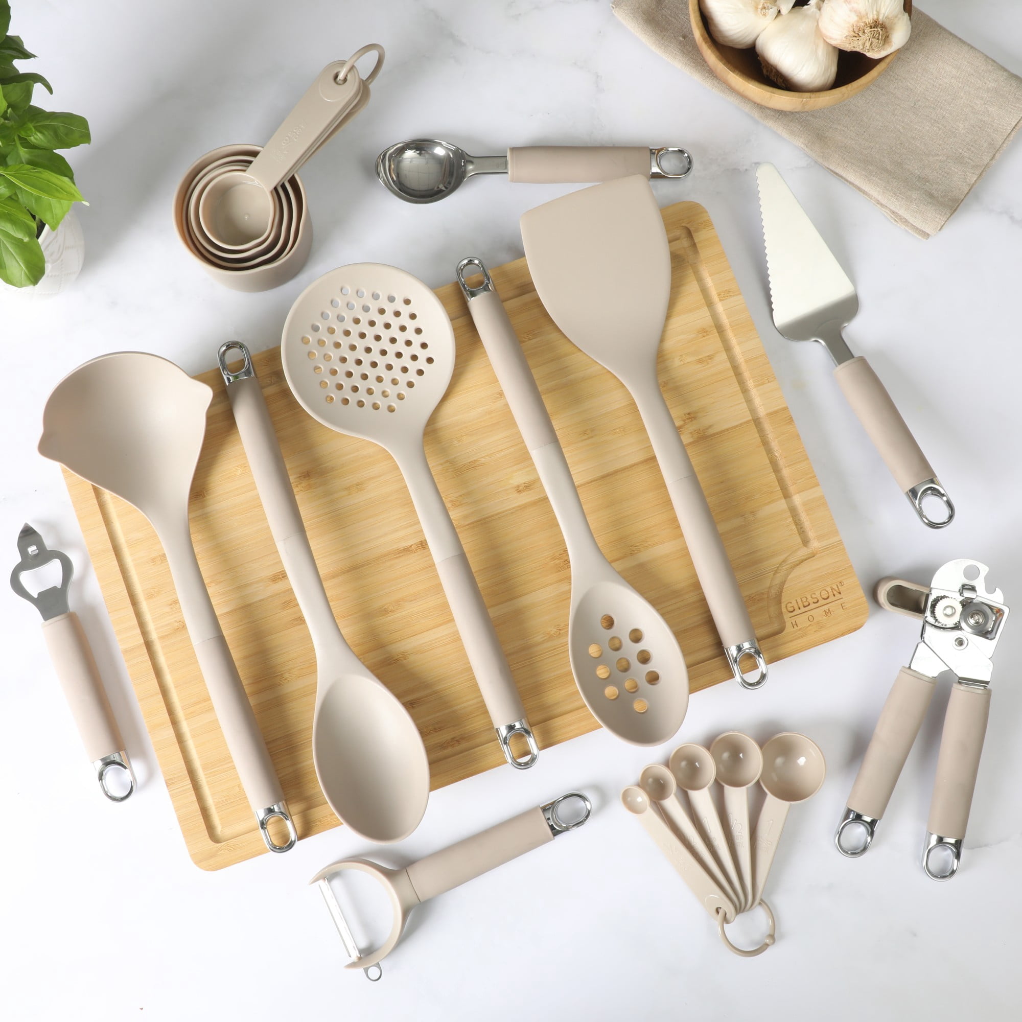 Gibson Home 20-Piece Kitchen Gadget & Tool Set – Nylon Cooking Utensils with Spatulas, Ladle, Skimmer, Serving Spoons, Measuring Cups & Spoons, Can Opener, Peeler, Ice Cream Scoop & More