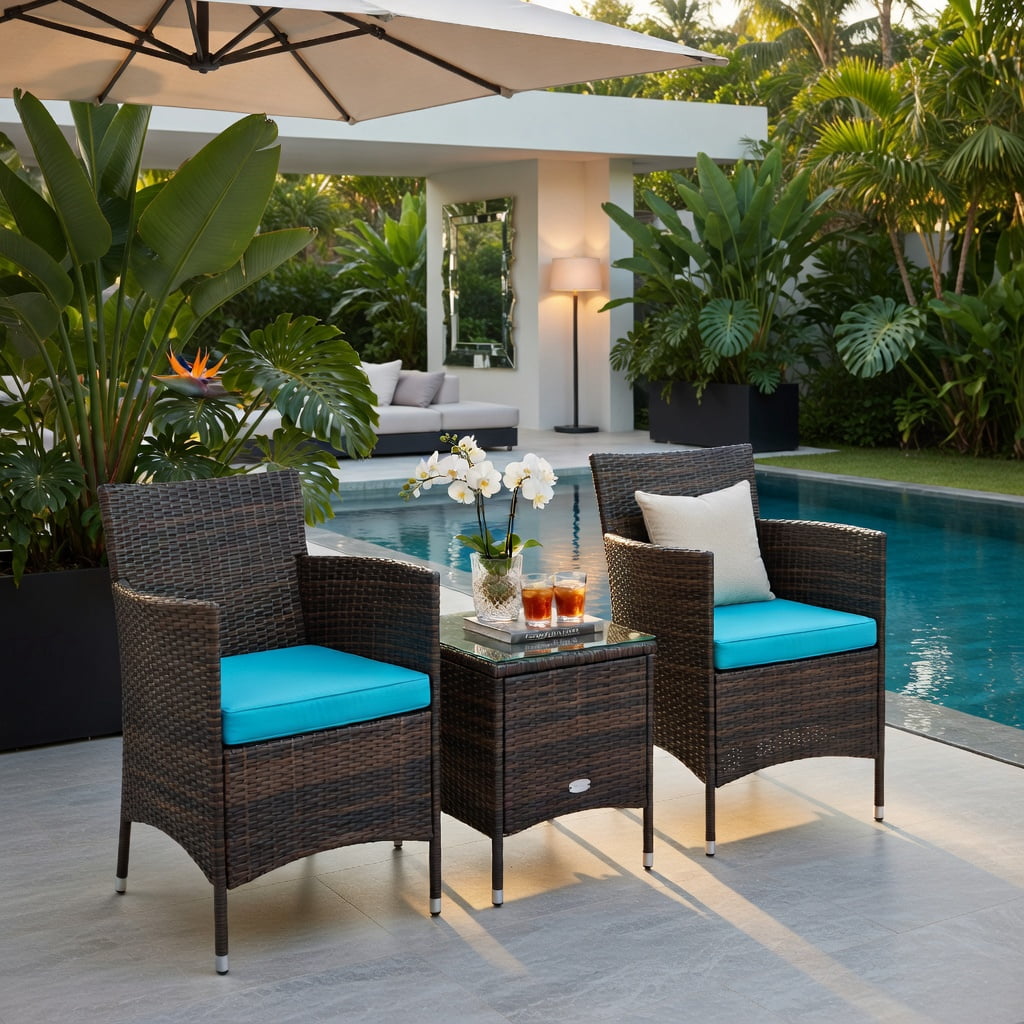 Hommoo 3-Piece Outdoor Wicker Patio Furniture Set with Cushions, PE Rattan Chairs & Tempered Glass Coffee Table for Backyard, Poolside, or Garden, Turquoise