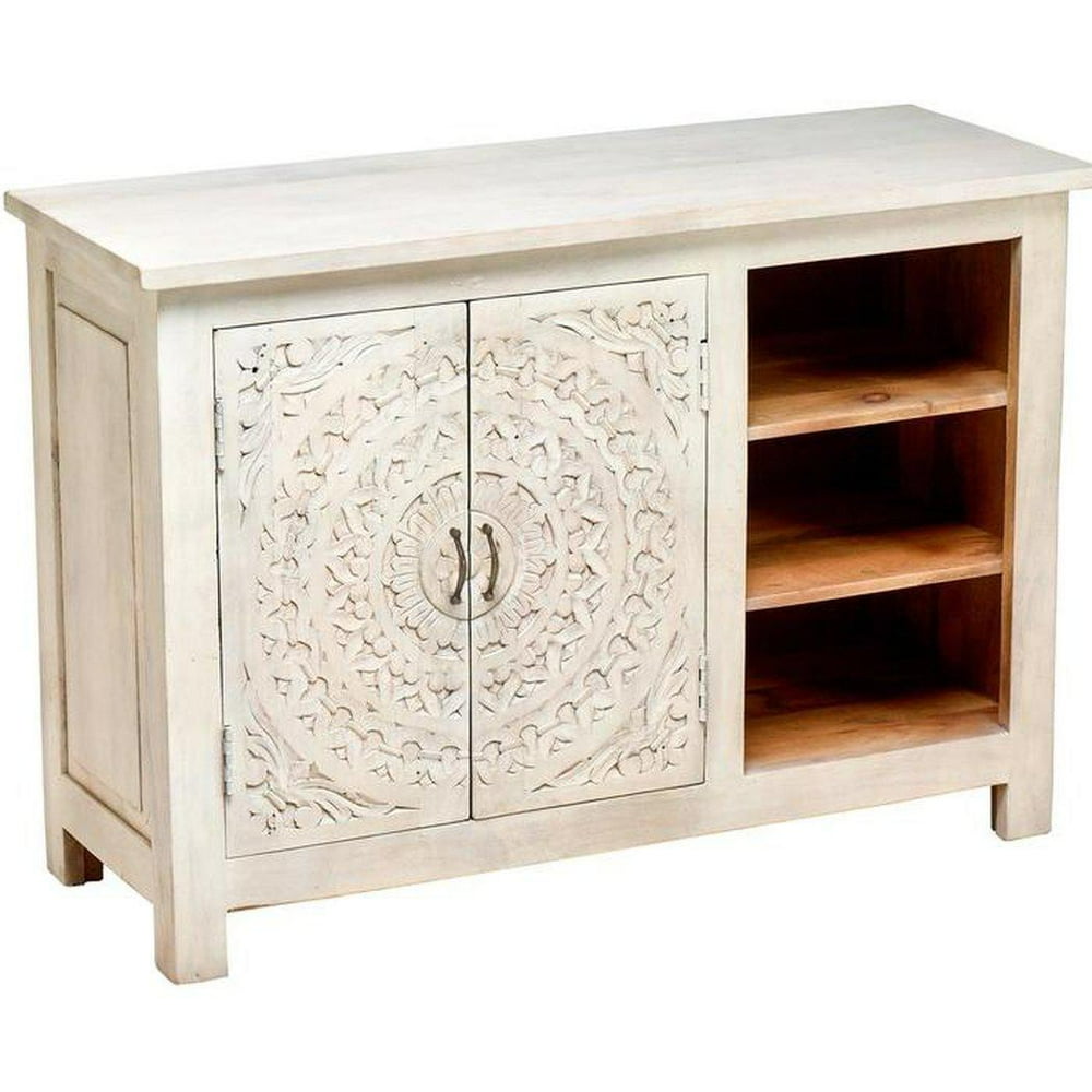 46" Antique White Distressed Hand Carved Mango Wood TV Stand Media
