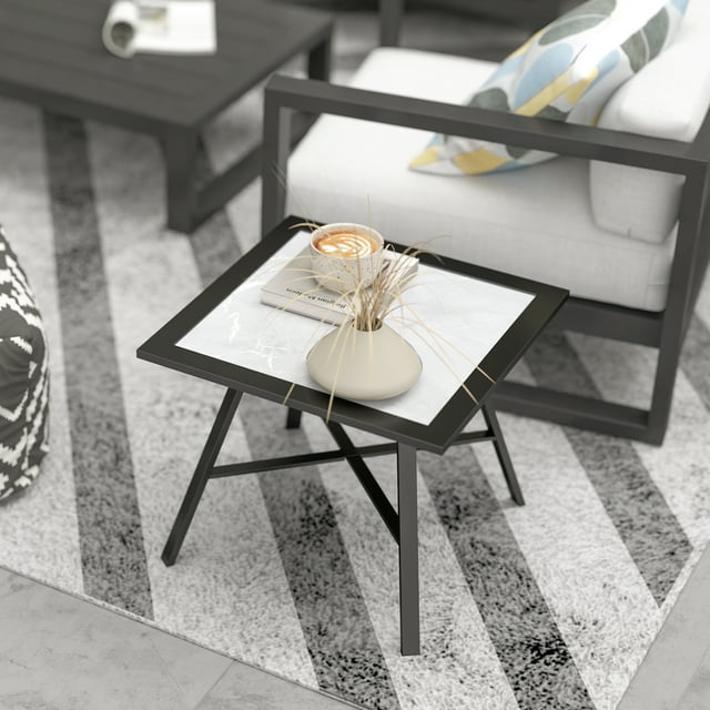 Grey Stone-Look Patio End Table | 21.7" Round Outdoor Side Table with Metal Frame - Easy Clean & Assemble | Living Room, Balcony & Camping Use