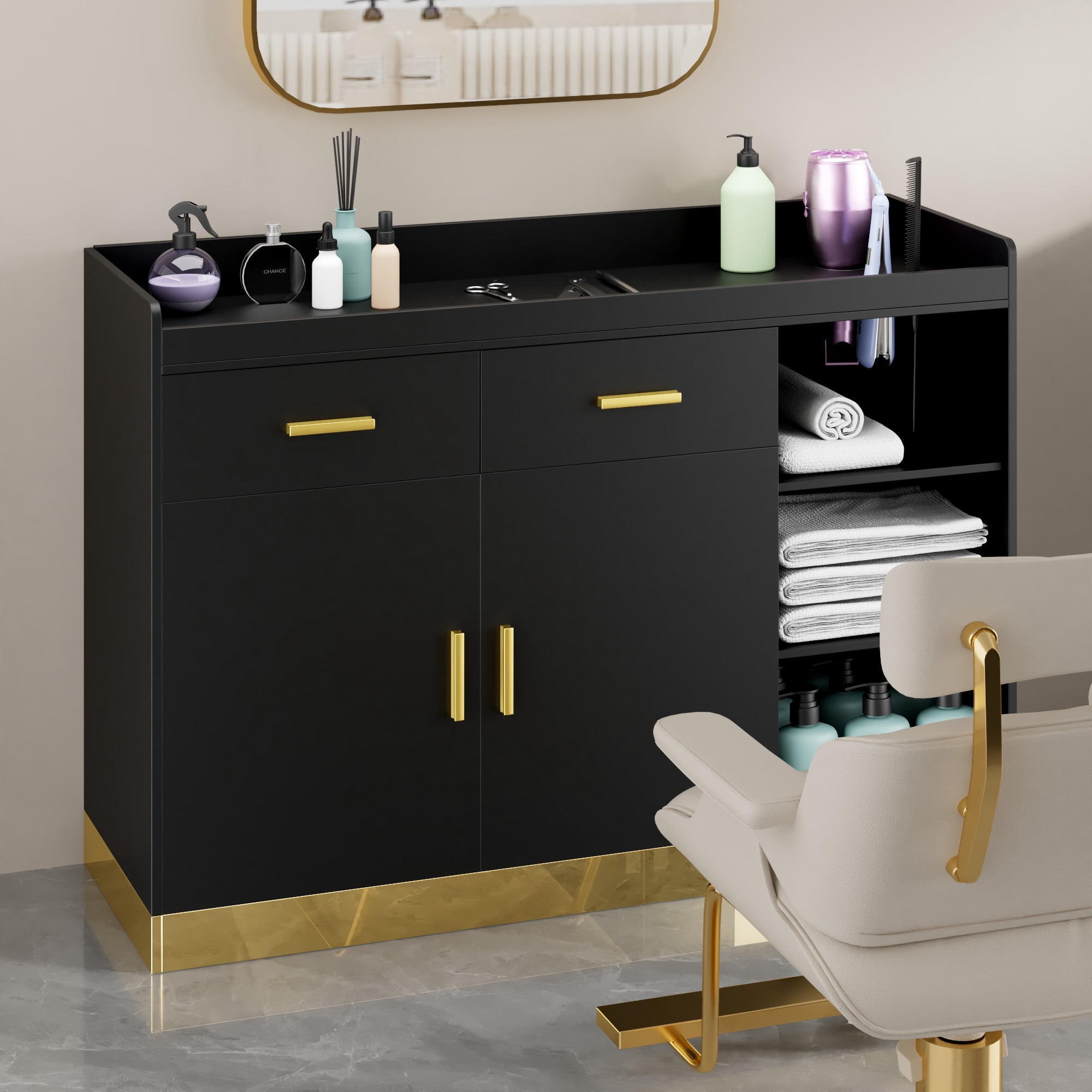 Advwin Freestanding Salon Station Storage Cabinet, Baber Station with Adjustable Shelves & Hair Dryer Holders, Hair Styling Station Beauty Salon Spa Equipment