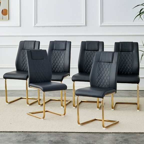 Modern Dining Chairs Set of 6, Faux Leather Padded Seat, Upholstered, Gold Metal Legs, for Kitchen/Living Room/Bedroom/Office, Black PU Leather