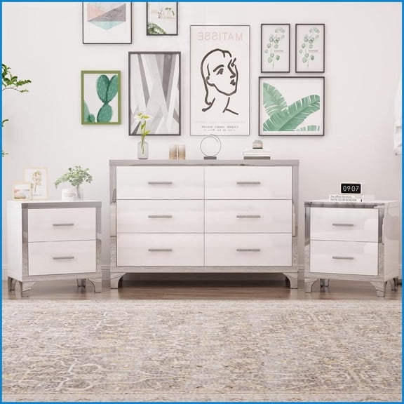 3-Piece Bedroom Furniture Set | Dresser & 2 Nightstands with Mirror Trim | White | MDF