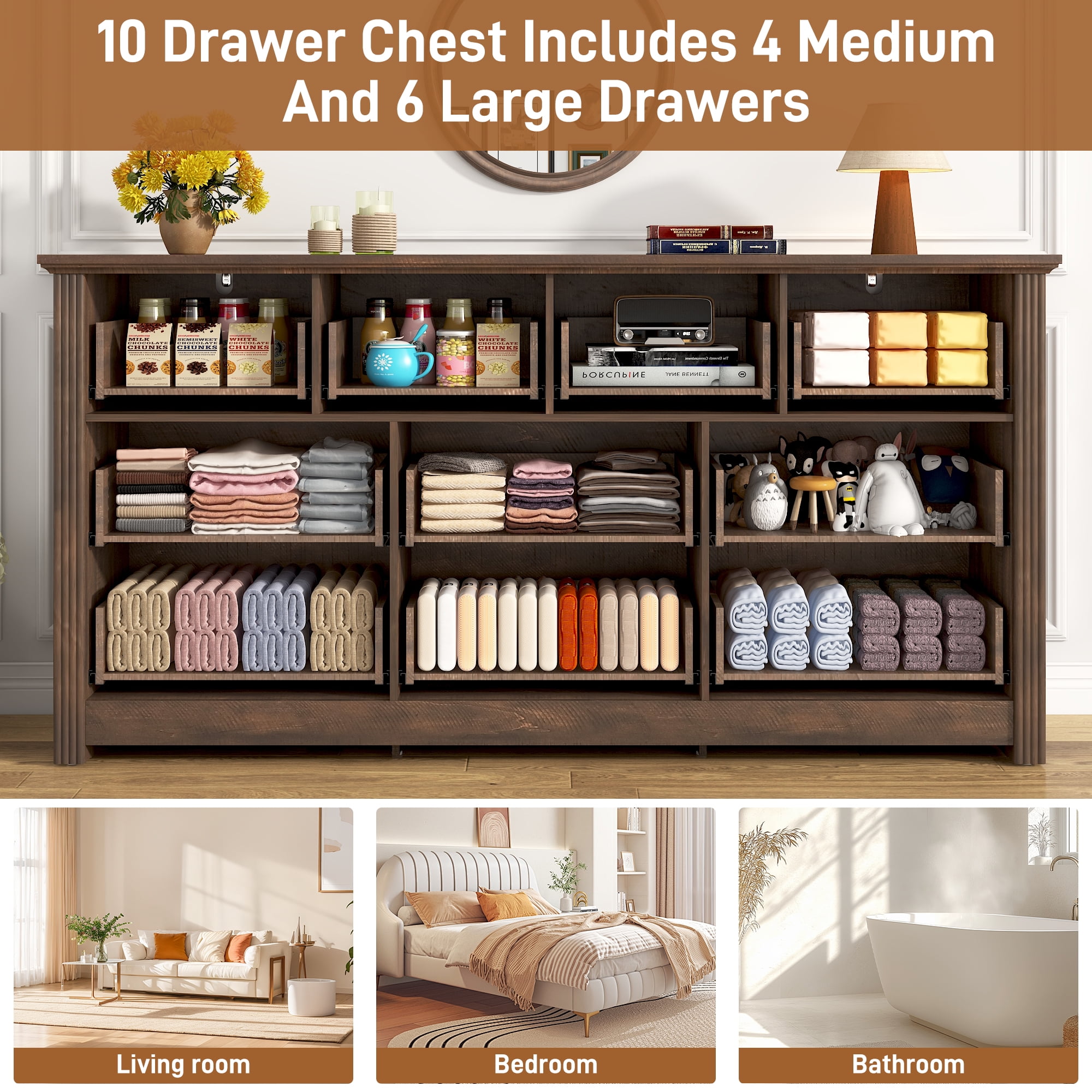 ChVans Farmhouse 10 Drawers Dresser for Bedroom, 63'' Wide Wood Rustic Chest of Drawers with Natural Texture, Vintage Design, Large Storage Dressers Organizer for Living Room, Hallway