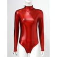 thumbnail image 2 of MSemis Women Metallic Liquid Ballet Leotard Gymnastics Bodysuit Long Sleeve Mock Neck Unitard Tops Red S, 2 of 6