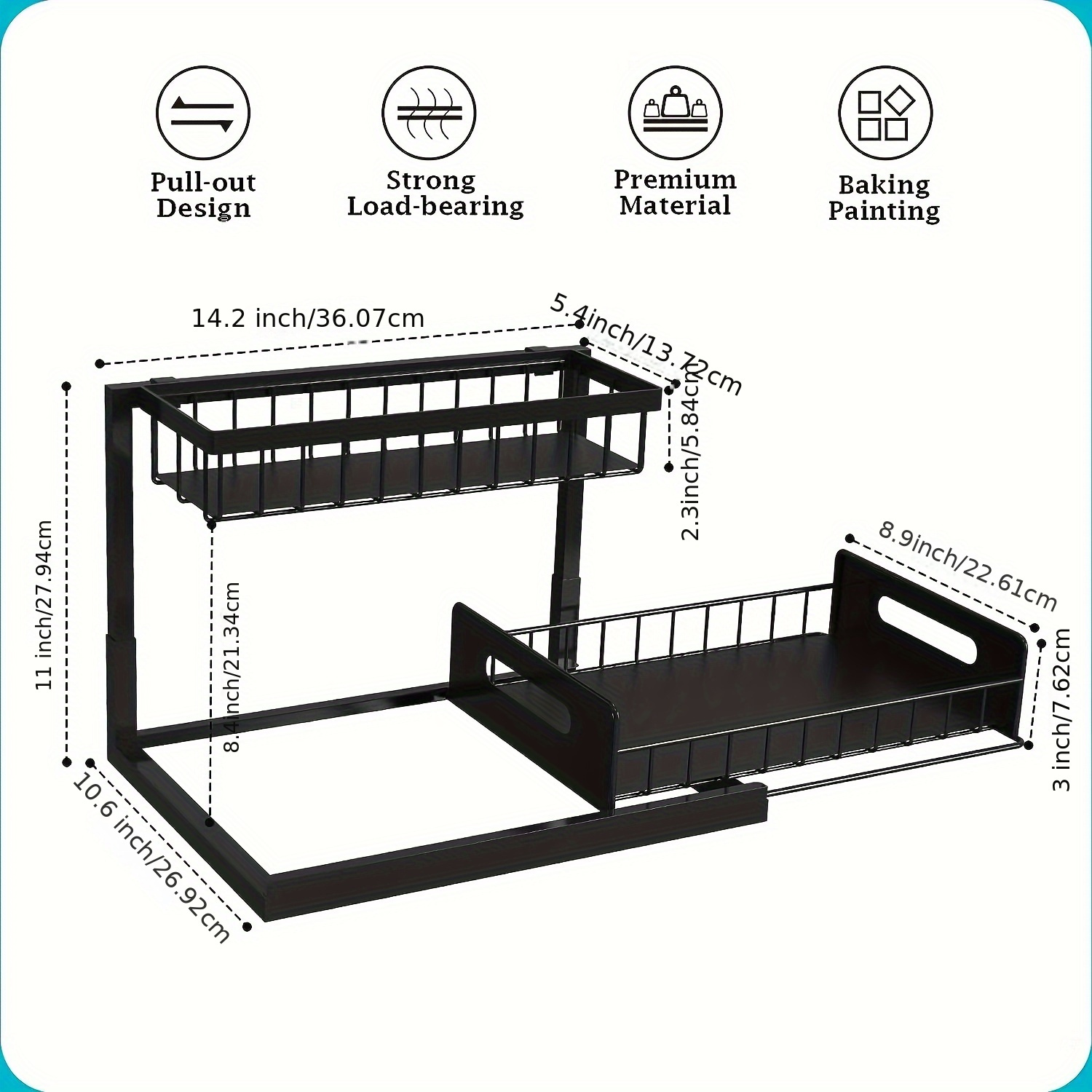 2-Tier Slide-Out Under Sink Organizer - Heavy-Duty Cast Iron Pull-Out Cabinet Shelf with Adjustable Compartments, Space-Saving Storage for Kitchen & Bathroom Cabinets