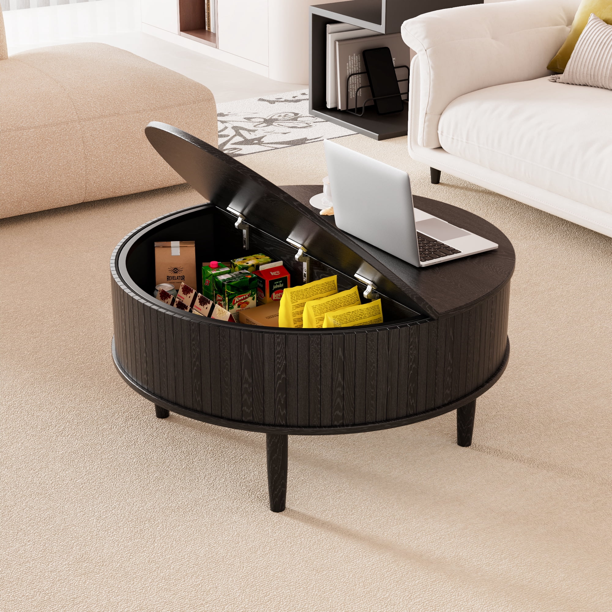 Round Lift Top Coffee Table with Storage, Center Table with Hidden Compartment, Circle Coffee Table for Living Room, Black