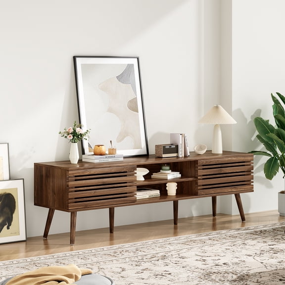 Hommoo Mid Century Modern TV Stands up to 70", Wooden Home Entertainment Center TV Console Cabinet with Sliding Tambour Door & Adjustable Shelves, Natural Walnut