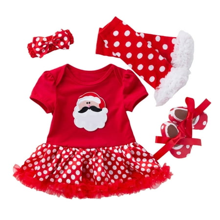 

WUXIAN Toddler Girls Christmas Printed Short Sleeve Romper Skirt With Headband Shoes Leg Sleeves 4PC Child Suit Infants Baby Onesie Soft Dailywear