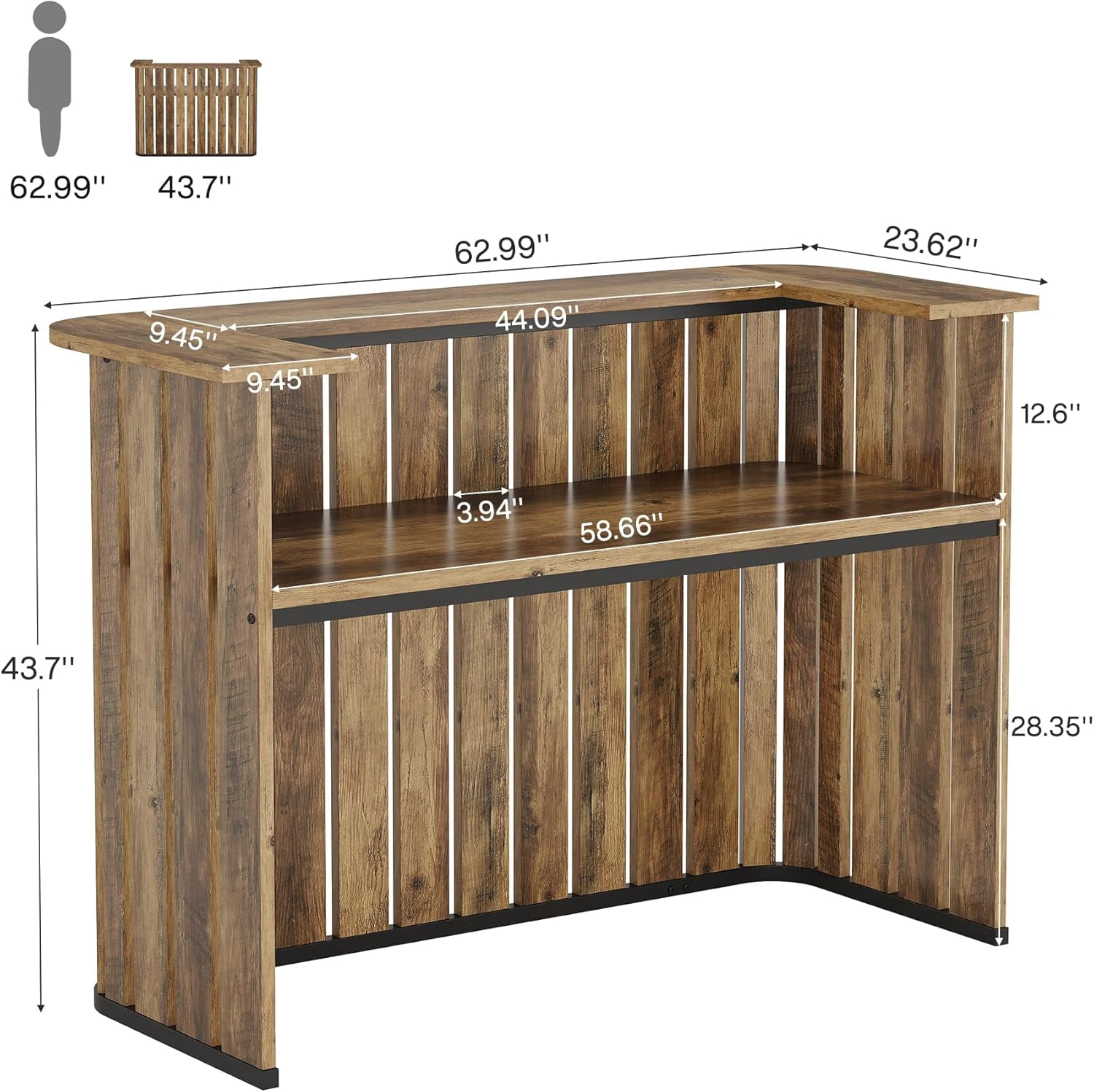 Finmind 63" U-Shaped Reception Desk with Counter, Modern Front Desk with Private Panel for Salon, Lobby, Retail Store, Office, Rustic Brown