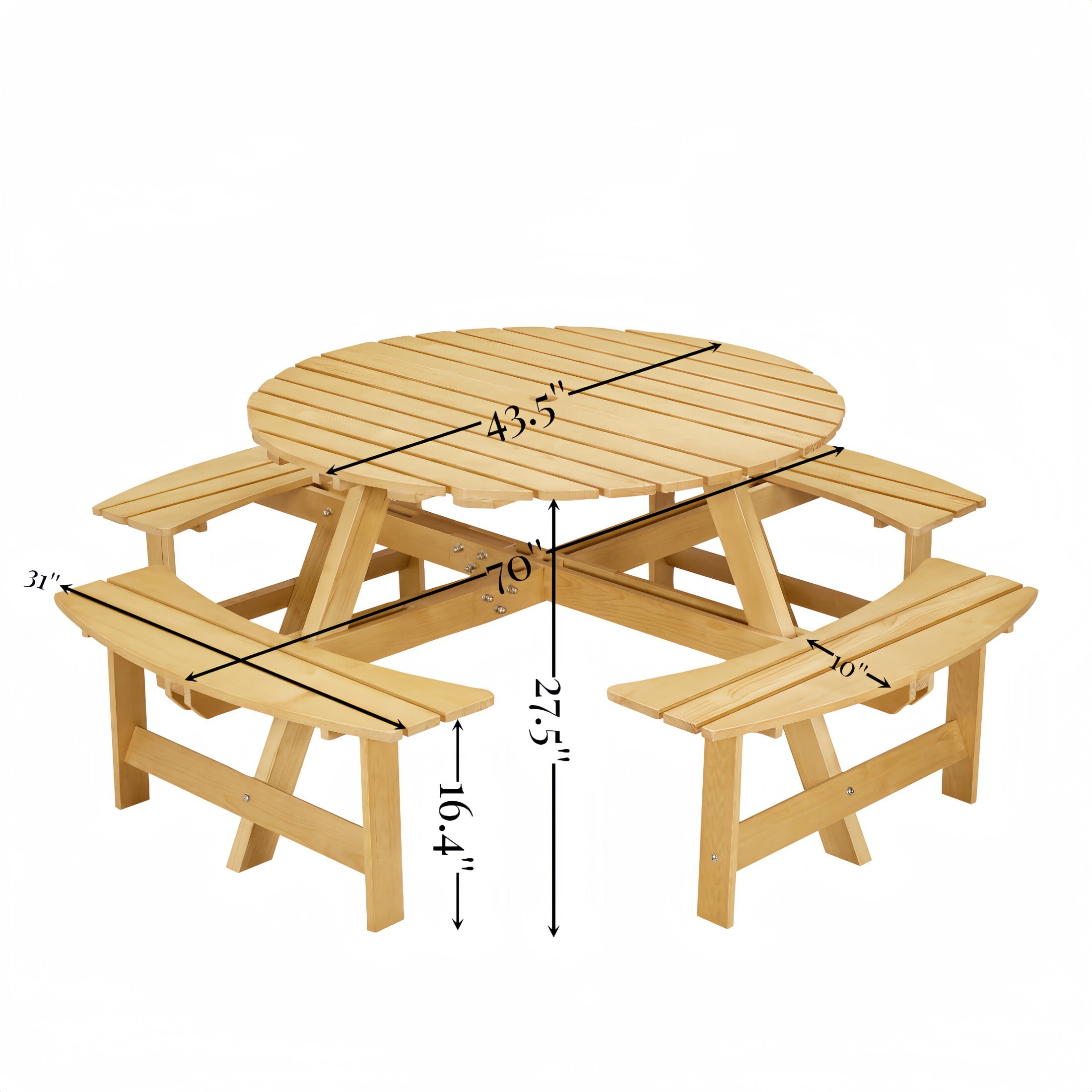 DEALTOPS 8 Person Wood Picnic Table with 4 Built-in Benches, Outdoor Round Table and Bench Set with Umbrella Hole for Park, Natural Wood