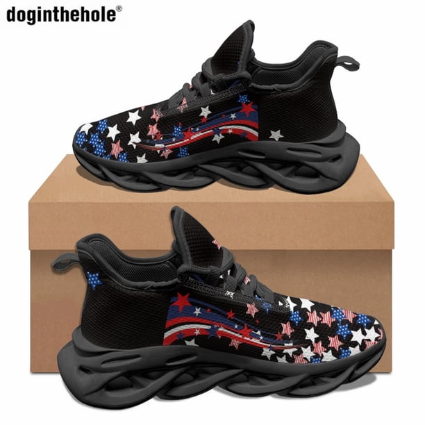Zapatillas de deporte con estampado de bandera estadounidense y diseño artístico para mujer y hombre, zapatillas clásicas de verano para correr al aire libre, zapatos casuales con cordones