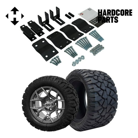 Hardcore Parts 4" Block Lift Kit for YAMAHA G2/G9 Golf Cart with 12" Machined/Gunmetal 'Rally' Wheels & 20"x10"-12" STINGER On-Road/Off-Road DOT rated All-Terrain tires