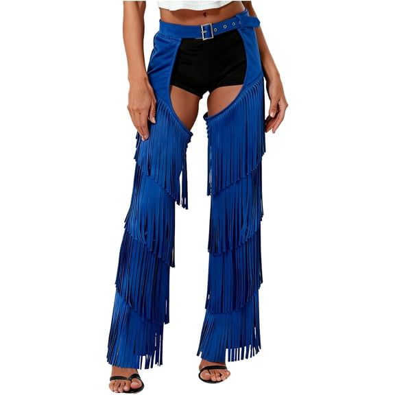 Sxiwei Womens Faux Suede Vintage Cowboy Chaps Layered Fringe Motorcycle Riders Cowgirl Long Pants Blue XXL