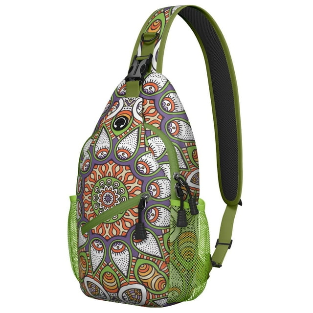 Psychedelic Mandala Sling Backpack for Women, Trippy Abstract Crossbody Bag with Colorful Geometric Pattern for Meditation and Energy Healing