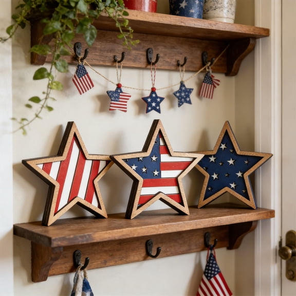 Miwamany 3Pcs 4Th Of July Decorations Wooden Stars,Red White Blue Patriotic Decor, Independence Day Ornaments Set,For Home Office Table Shelf