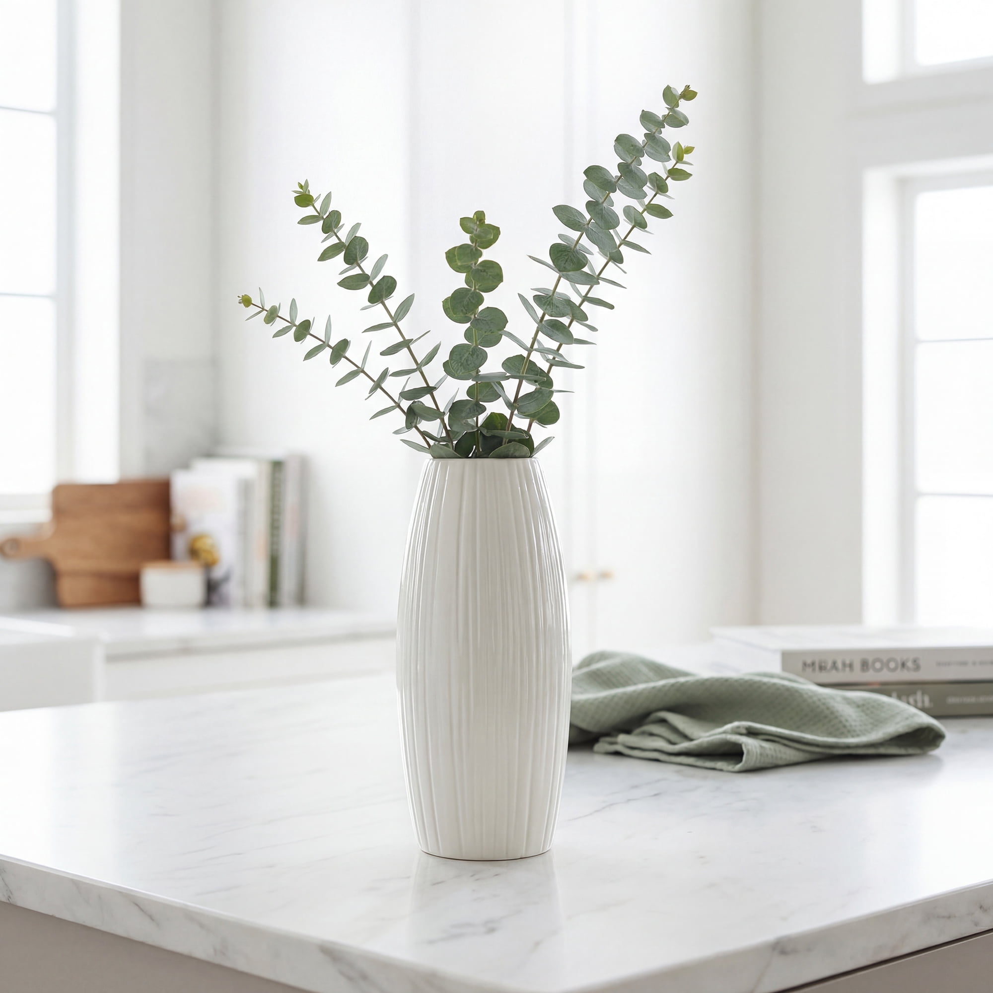 Unique Bargains Modern Decor Tall Ribbed Flower Vase Bright White 4.1" x 4.1" x 8.7"