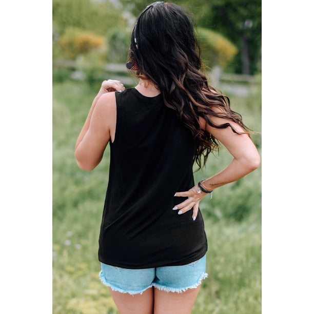 ABPHQTO Camiseta sin mangas negra con estampado de bandera estadounidense recortada para mujer