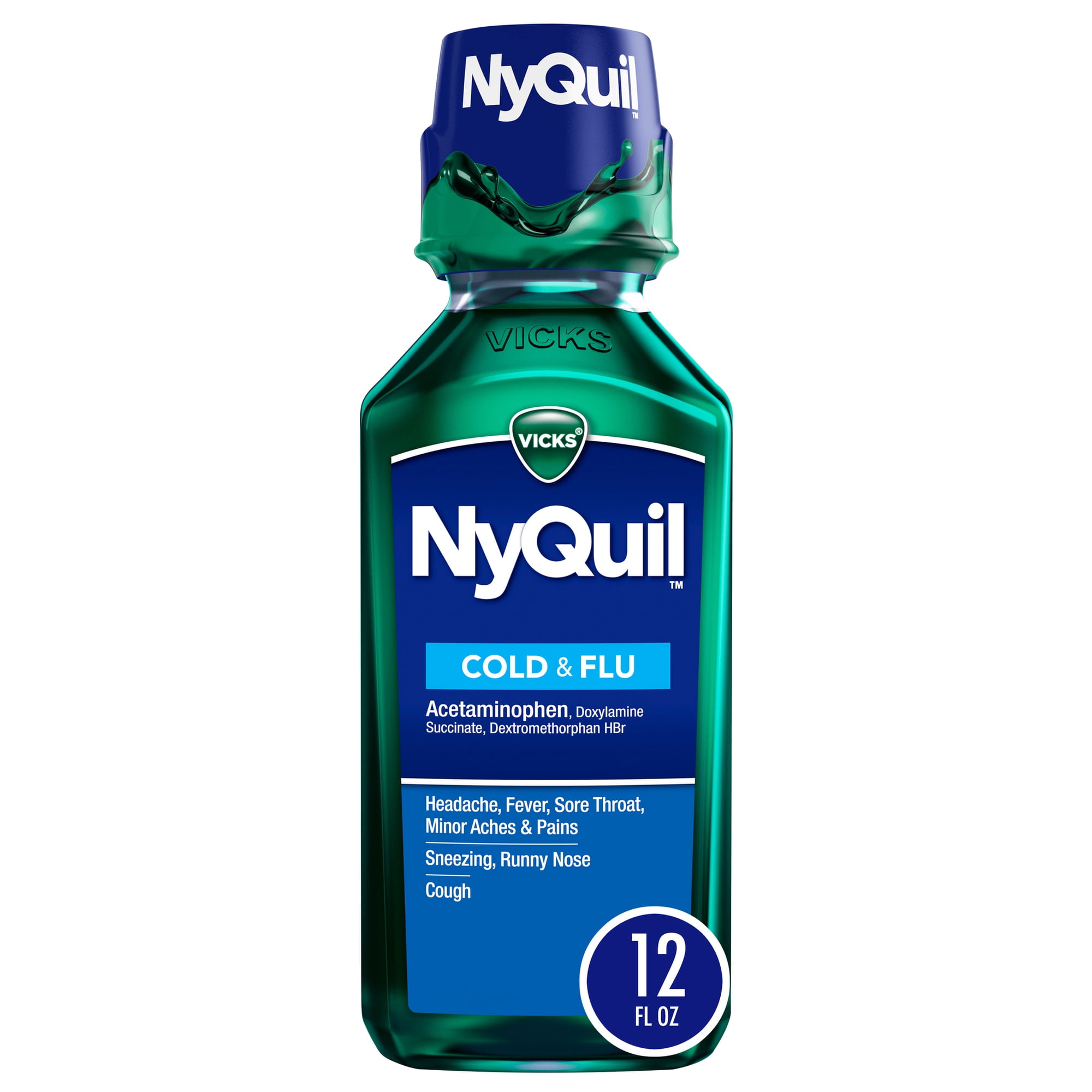 Vicks NyQuil Cold and Flu Liquid, Nighttime Cold Medicine, Original, 12 fl oz