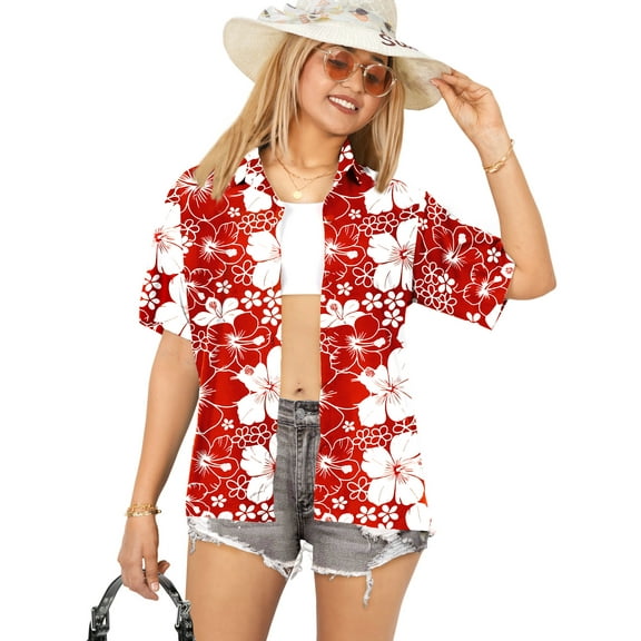 HAPPY BAY Women's Button Down Blouses Summer Beach Vacation Party Tops Camp Short Sleeve Blouse Hawaiian Shirts for Women Relaxed Fit Dressy XXL Poppy, All Hibiscus