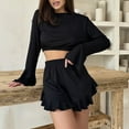 thumbnail image 4 of cfhntfmh Women's Knit Pajamas Long Sleeve Crop Tops with Ruffle Shorts 2 Piece Outfit Sleepwear Matching Lounge Set, 4 of 6