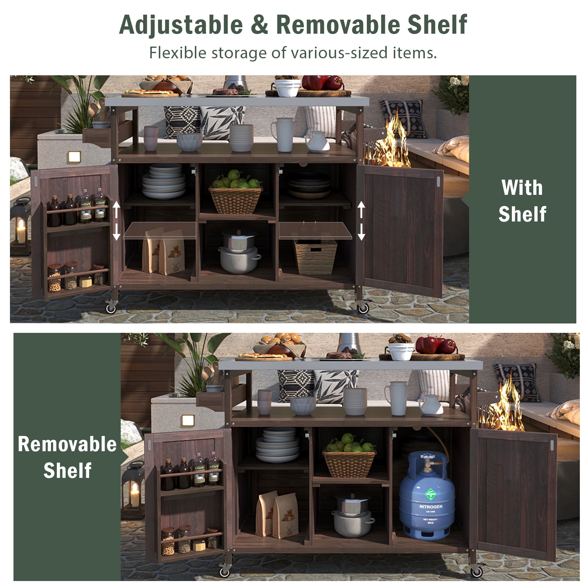 DEALTOPS Outdoor Kitchen Island, Rolling Bar Cart & Storage Cabinet, Farmhouse Solid Wood Outdoor Grill Table with Stainless Steel Top, Spice Rack , Towel Rack for Kitchen & BBQ-Dark Brown