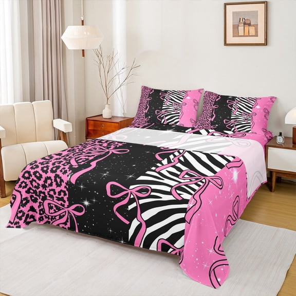 Homewish Girly Pink Fashion Twin Sheet Sets, Leopard Cheetah Print Twin Fitted Sheet, Kawaii Cartoon Ribbon Bow Flat Sheet, Super Cozy Room Decor, 3-Piece