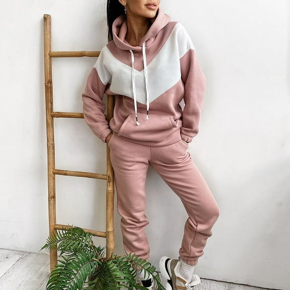 qolati 2 Piece Outfits for Women 2023 Hoodie Sweatshirt Tracksuit with Stretch Jogger Sweatpants Loungewear Sets Trendy Color Blocking Sweatsuit Suits with Pockets
