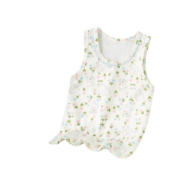 Lovskoo Girls' Camisole Undershirts - Children's Rabbit Printed Round Neck Cami Tank Tops for Casual Comfort 9 Years White