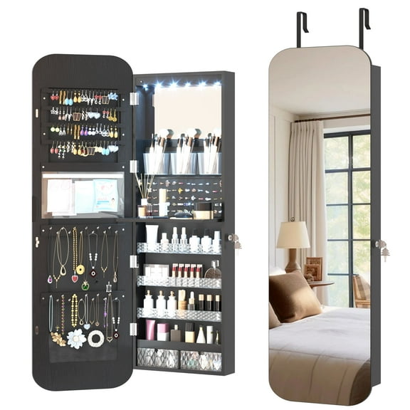 LVSOMT 47.2" LED Mirror Jewelry Cabinet Wall Mounted or Door Hanging, Rounded Corner Jewelry Armoire Organizer, Lockable Full Length Mirror with Storage, Interior Mirror & Makeup Shelf,Black