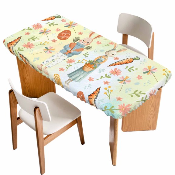 Spring Easter Table Cloths for 4 Foot Rectangle Tables, Bunny Carrots Eggs Floral Botanical Colorful Patio Waterproof Elastic Fitted Tablecloths, Washable Rectangular Table Cover for Camping