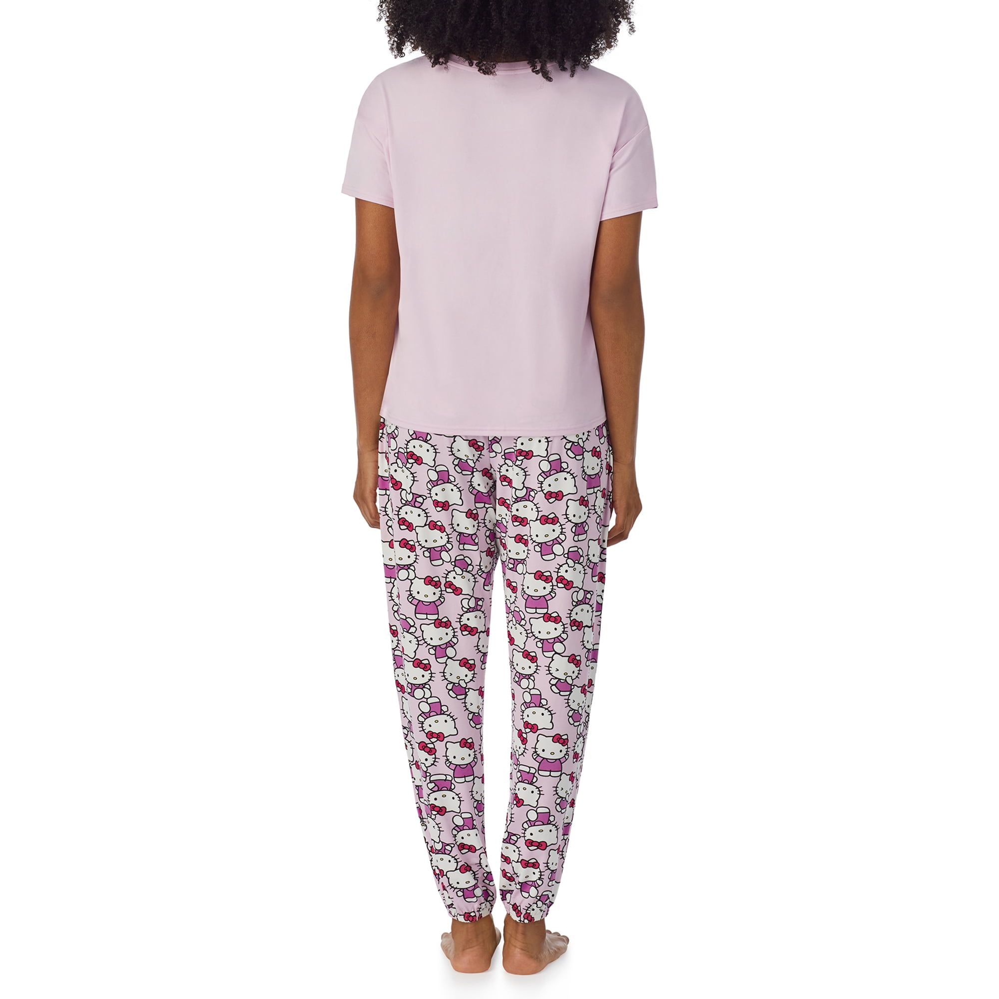 Richard Leeds International Womens Hello Kitty Matching 2 Piece Short Sleeve Pajama Top & PJs Jogger Pants Set with Pockets - Soft & Cozy Sleep & Loungewear Pajamas Sets for Women, Pink Medium