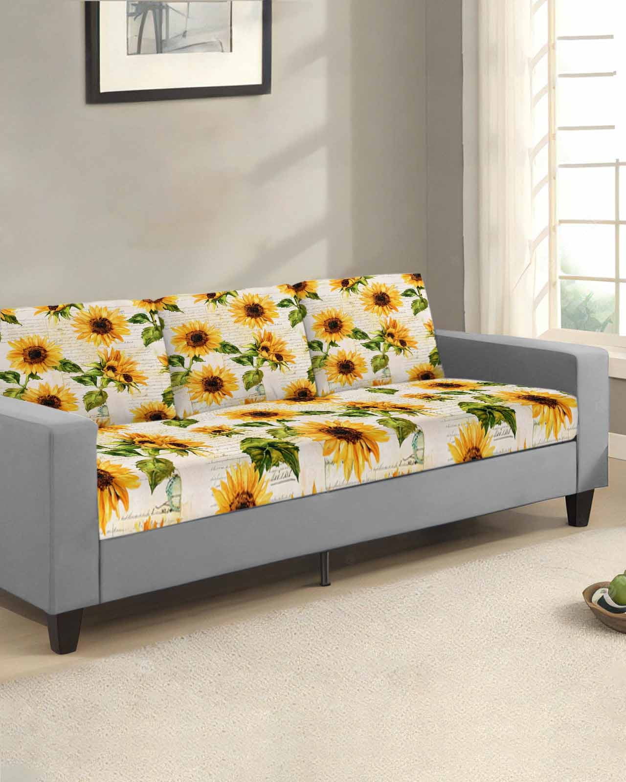 Retro Sunflower Couch Cushion Covers, Stretch Seat Cushion Covers for Sectional Sofa, Watercolor Letter Flowers Individual Sofa&nbsp;Slipcovers Furniture Protector with Elastic&Straps Small 1Pcs