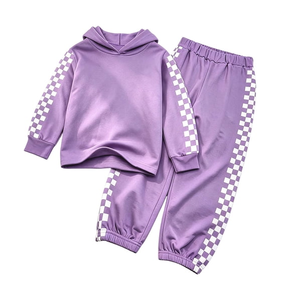 OYXSER Girls Long Sleeve Crop Hoodie and Sweatpants Set with Plaid Side Panel Detail for Teens, Purple 13-14Y