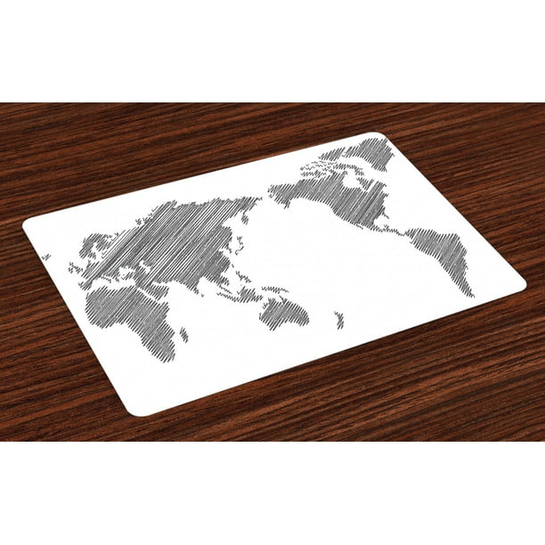 World Map Placemats Set of 4 Sketchy Striped Continents Cartography