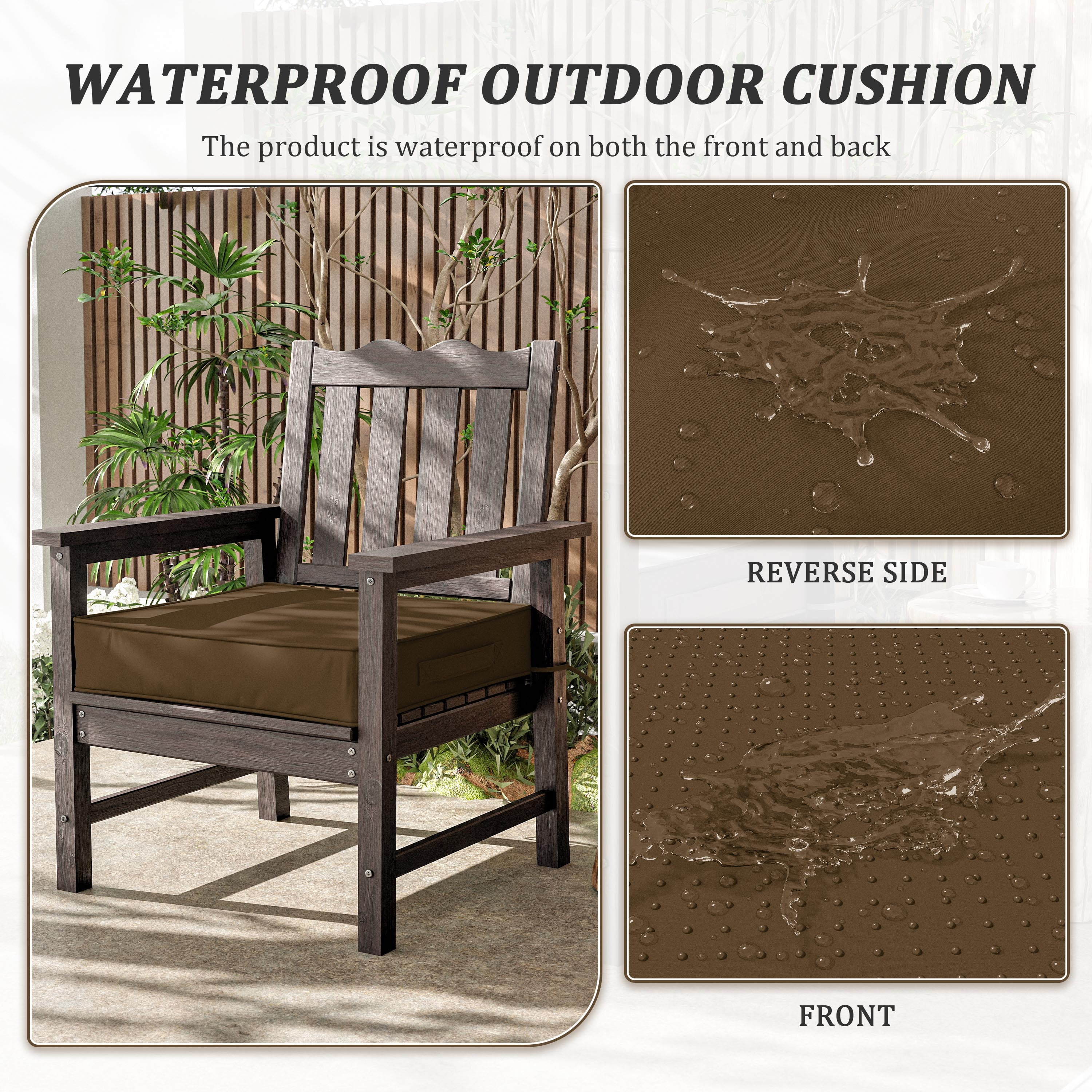 Pakunoda Outdoor Chair Cushions 18.5 X 16 X 4 Inch, 2-Piece Patio Seat Pad Cushions, Waterproof Outdoor Seat Cushions Square Corner with Handle and Ties, Chocolate