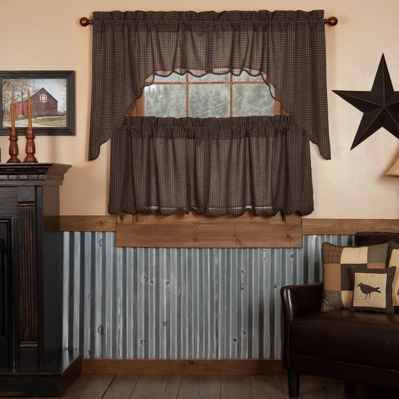 VHC Brands Kettle Grove 4 PC Country Black Plaid Curtain Set (2 Swag 36x16 and 2 Tier 24x36)