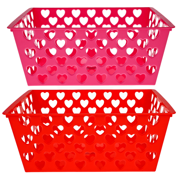 Rectangular Valentines Day Heart Baskets Red Pink Multi-Use Plastic Bin for Home Kitchen Office School Storage Organizer Closet Shelves Organization Gift Basket Set of 2
