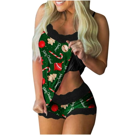 

Summer Savings Clearance 2022! Women Christmas Sexy Lingerie Fashion Print Pajamas Sleeveless Lace Cami Shorts Pajama Set Ladies Christmas Print Lace Camisole Set
