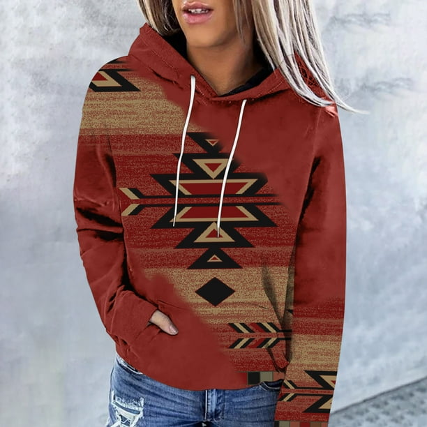 Pntutb Mujeres Moda Casual Contraste de color Estilo étnico Impresión de manga larga tops Sudaderas con capucha Pntutb Pntutb-1964