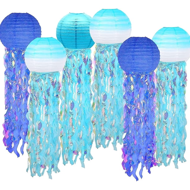 6 paquetes de linternas de papel de medusas colgantes con deseos de sirena, linterna con degradado, azul cielo, azul océano, suministros para fiestas temáticas, ideal para decoraciones de cu