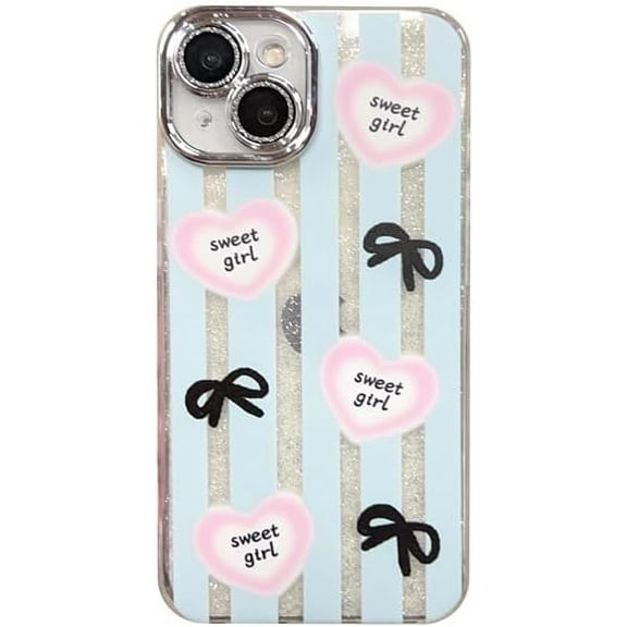 Glitter Bling Water Ripple Stripe Love Heart Bow Phone Case Compatible with iPhone Case (Blue,iPhone 13 Pro)