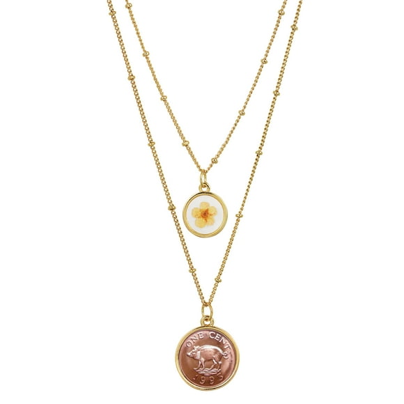 UPM Global 16153 Pig Coin with Dry Flower Double Chain Necklace