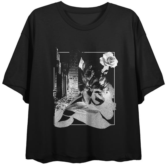 Buildings & Flowers Photocopy Art Crew Neck Short Sleeve Women's Black Crop Top-Medium