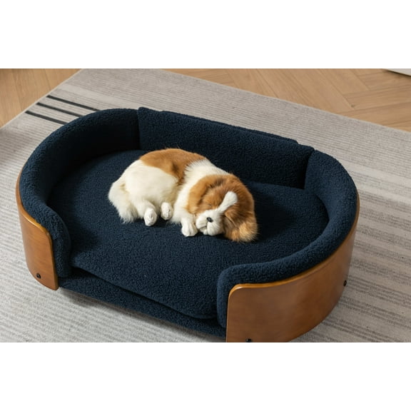 Scandinavian style Elevated Dog Bed Pet Sofa With Solid Wood legs and Walnut Bent Wood Back, Cashmere Cushion,Mid Size